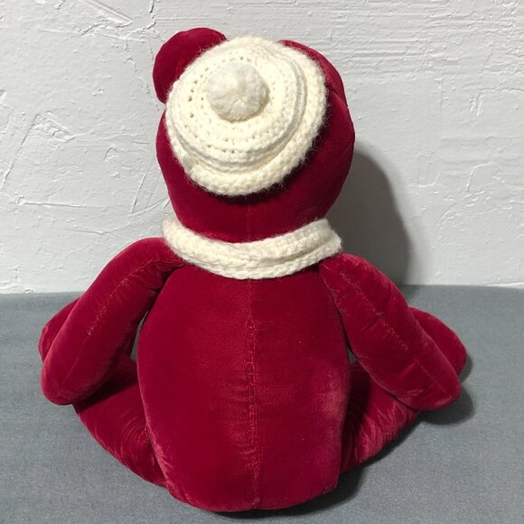 Vintage Handmade Velvet Red Teddy Bear Button Eyes Scarf & Hat - Picture 4 of 10